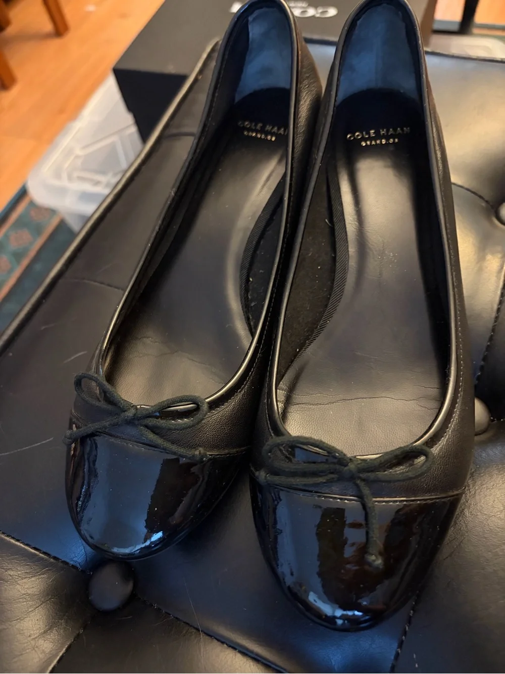 Cole Haan Black Leather Ballet Flats with Patent Toe and Bow